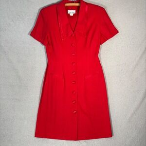 Vintage Nicole Studio NY Sheath Dress Size 12 Red Button Front Pin Up Rockabilly